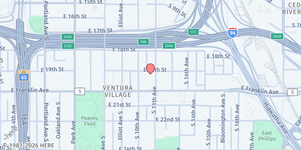 Map showing Community Emergency Service Food Shelf at 1900 11th Ave S, Minneapolis, MN