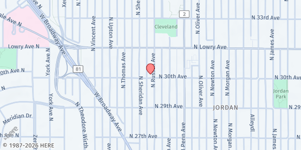 Map showing First Community Ministries at 3001 Russel Avenue North, Minneapolis, MN