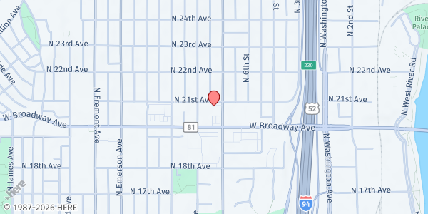Map showing Food in the 'Hood at Sanctuary Haven at 710 W Broadway Ave, Minneapolis, MN