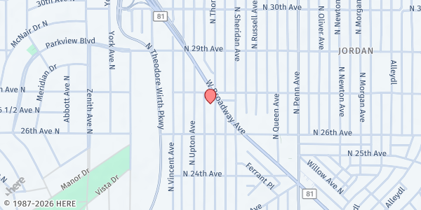 Map showing Food Shelf In-A-Box at True Vine New Bethel at 2639 N Thomas Ave, Minneapolis, MN