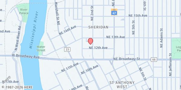 Map showing Friendly Manor - High Rise Mobile Food Shelf at 1206 2nd Street NE, Minneapolis, MN