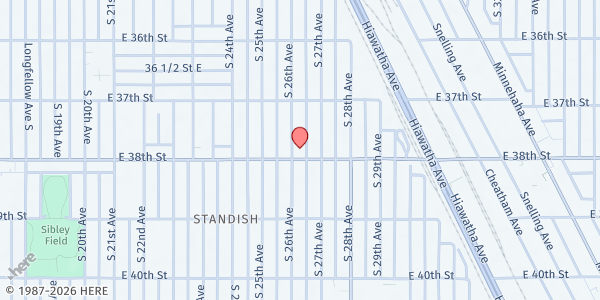 Map showing Friendship Community Services Food Hub at 2600 East 38th Street, Minneapolis, MN