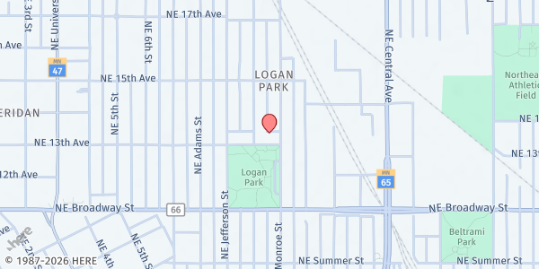 Map showing Good Works Food Shelf at 697 13th Ave NE, Minneapolis, MN