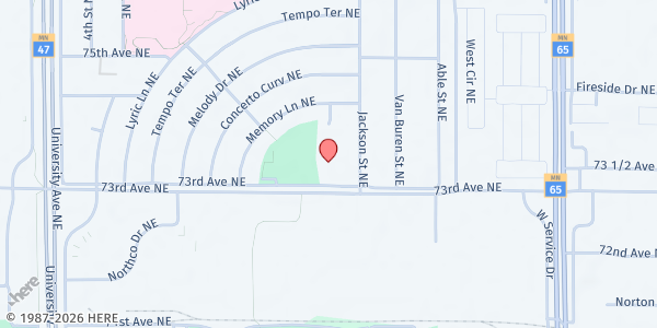 Map showing Grace Evangelical Free Church at 755 73rd Ave NE, Minneapolis, MN