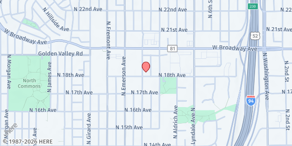 Map showing Greater Mount Vernon Baptist Church at 1800 Dupont Ave N, Minneapolis, MN