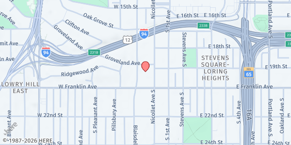 Map showing Groveland Emergency Food Shelf at 1900 Nicollet Ave S, Minneapolis, MN