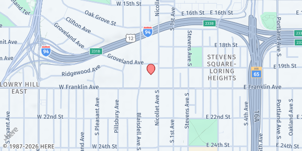 Map showing Groveland Emergency Food Shelf at 1900 Nicollet Ave S, Minneapolis, MN