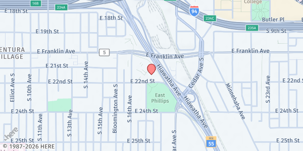 Map showing Hiawatha 1700 - High Rise Mobile Food Shelf at 1700 22nd St E, Minneapolis, MN