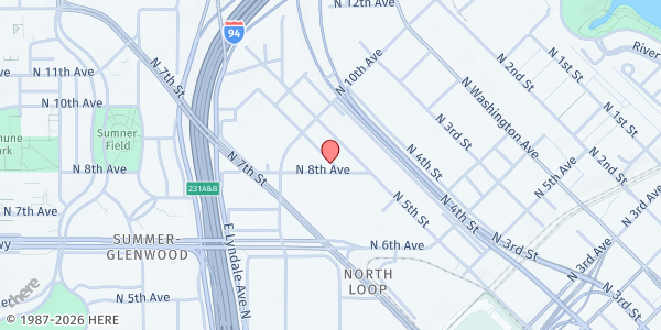 Map showing High Rise Mobile Food Shelf - Distribution at 554 N 8th Ave, Minneapolis, MN