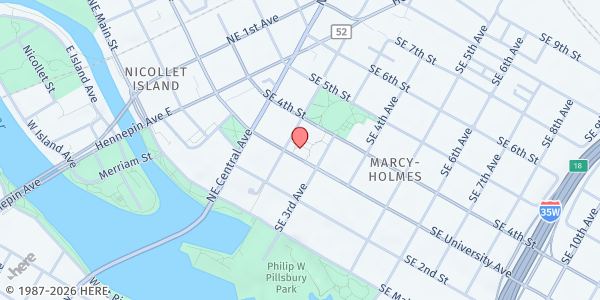 Map showing Holmes Park Village - High Rise Mobile Food Shelf at 302 2nd Avenue SE, Minneapolis, MN
