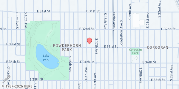 Map showing Jericho Food Shelf at 1628 East 33rd Street, Minneapolis, MN