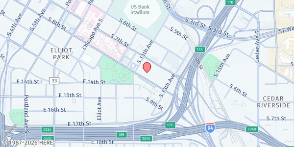 Map showing Jericho Road Ministries – Elliot Park at 1118 S 8th St, Minneapolis, MN