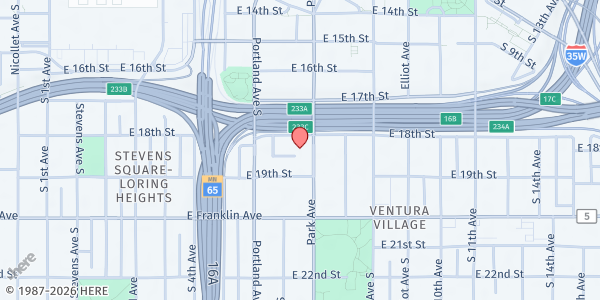 Map showing Loaves and Fishes at ICCM Life Center at 1812 Park Ave S, Minneapolis, MN