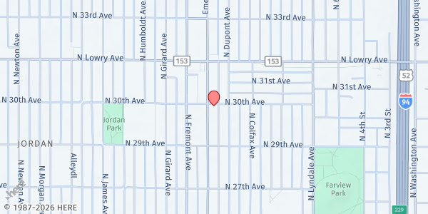 Map showing Loaves and Fishes: Great is Thy Faithfulness (Formerly New Bethel) at 1115 North 30th Avenue, Minneapolis, MN