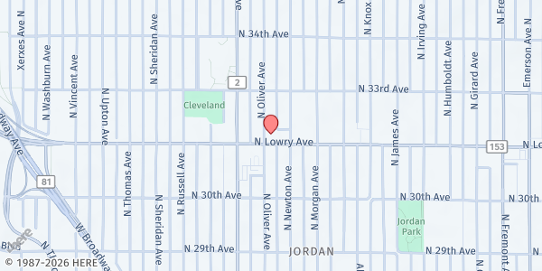 Map showing Loaves & Fishes at Proverbs Christian Fellowship Church at 3210 N Oliver Ave, Minneapolis, MN