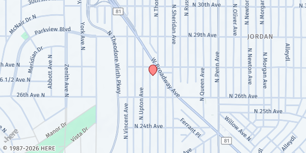 Map showing Loaves & Fishes at True Vine New Bethel at 2639 N Thomas Ave, Minneapolis, MN