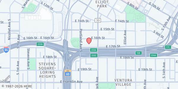 Map showing Loring Nicollet Meals on Wheels at 618 E 17th Street, Minneapolis, MN