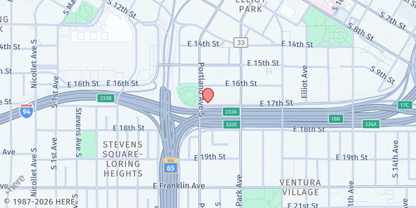 Map showing Loring Nicollet Meals on Wheels at 618 E 17th Street, Minneapolis, MN