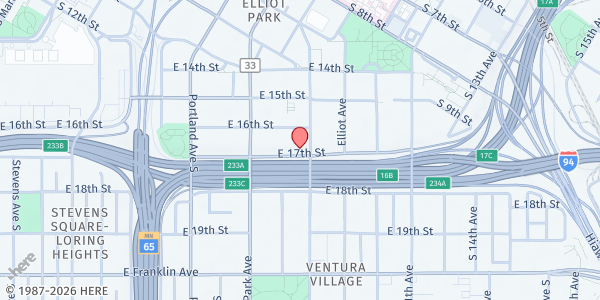 Map showing Mary F. Frey Opportunity Center at 740 E 17th St, Minneapolis, MN