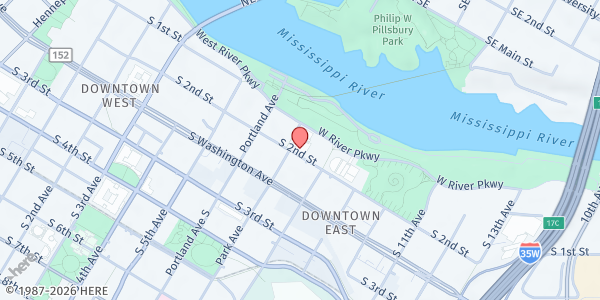 Map showing Mill City Farmers Market at 704 South 2nd Street, Minneapolis, MN