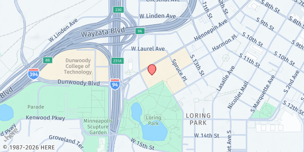 Map showing Minneapolis College Food Pantry at 1501 Hennepin Ave, Minneapolis, MN