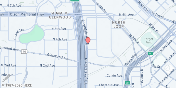 Map showing Minneapolis Farmers Market at 312 East Lyndale Ave N, Minneapolis, MN