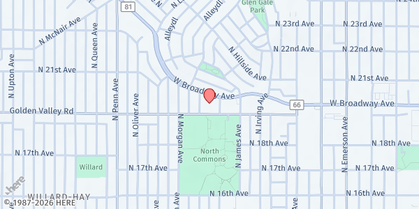 Map showing Mobile Market at YMCA - Harold Mezile North Community at 1711 W Broadway Ave, Minneapolis, MN