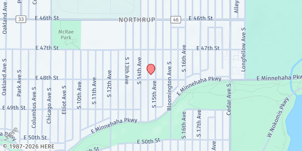 Map showing New Creation Baptist Church at 1414 E 48th St, Minneapolis, MN