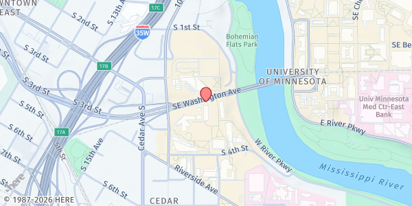 Map showing Nutritious U Food Pantry- West Bank Skyway at 219 19th Ave S, Room 130, Minneapolis, MN