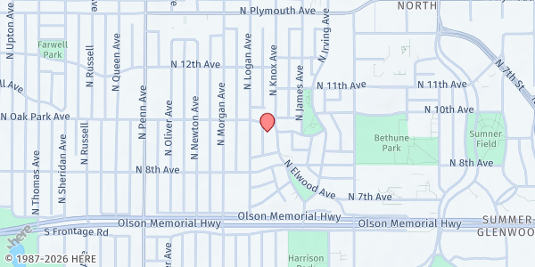 Map showing Oak Park Center Community Cafe at 1701 Oak Park Ave North, Minneapolis, MN