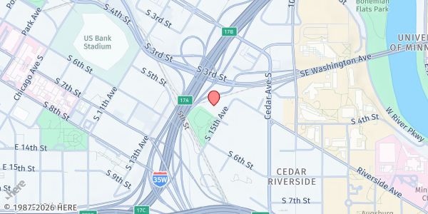 Map showing P.U.C. Brian Coyle Center Food Shelf at 420 15th Ave S, Minneapolis, MN