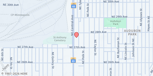 Map showing Salvation Army Central Minneapolis Food Shelf at 2727 Central Ave NE, Minneapolis, MN
