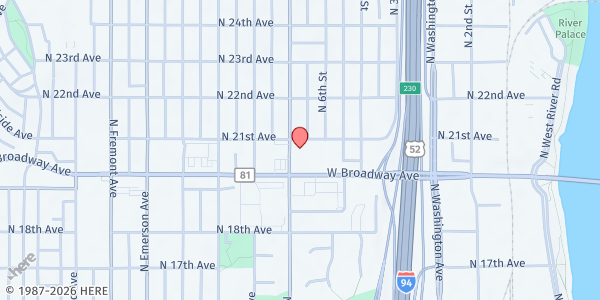 Map showing Salvation Army North Minneapolis Food Shelf at 2024 Lyndale Ave N, Minneapolis, MN