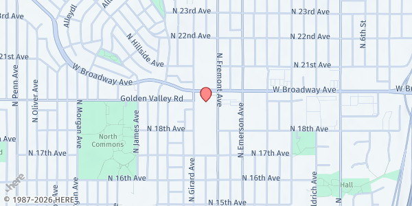 Map showing Shiloh Cares Food Shelf at 1201 West Broadway Avenue, Minneapolis, MN