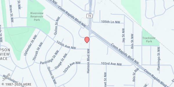 Map showing Spirit of Matthew 25 @ Coon Rapids United Methodist Church at 10506 Hanson Blvd NW, Minneapolis, MN