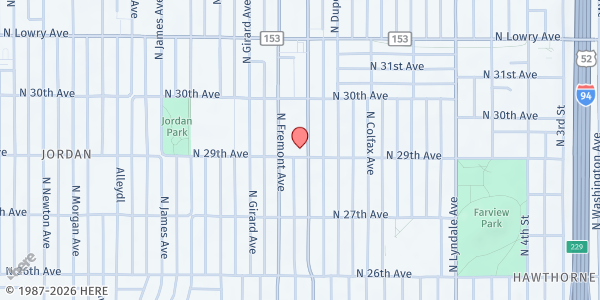 Map showing St. Olaf Lutheran Church - Food Shelf at 2901 Emerson Ave N, Minneapolis, MN