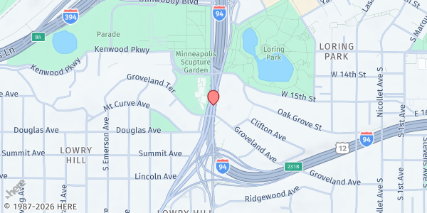 Map showing The Atrium - High Rise Mobile Food Pantry at 314 Hennepin Avenue South, Minneapolis, MN
