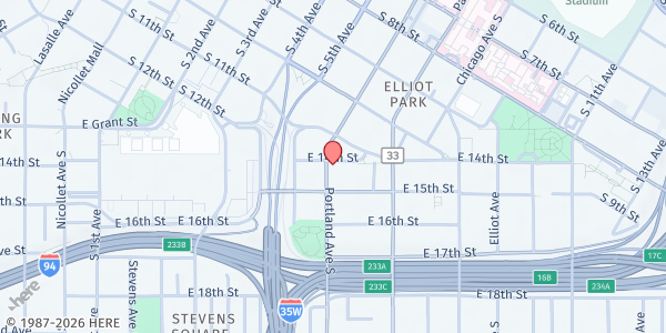 Map showing The Elms - High Rise Mobile Food Shelf at 1401 Portland Ave S, Minneapolis, MN