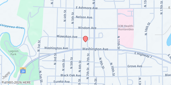 Map showing Chippewa County Food Shelf at 719 N 7th Street, Montevideo, MN