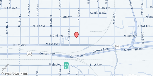 Map showing Bridgepointe Community Food Shelf at 121 17th St N, Moorhead, MN