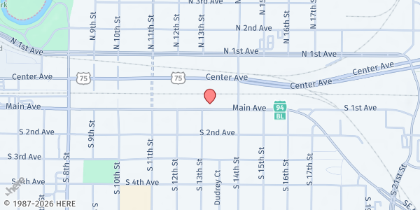Map showing Dorothy Day Food Pantry at 1308 Main Ave, Moorhead, MN