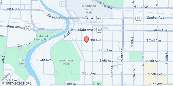 Map showing Faith Hope Love Food Shelf at 409 2nd Ave S, Moorhead, MN