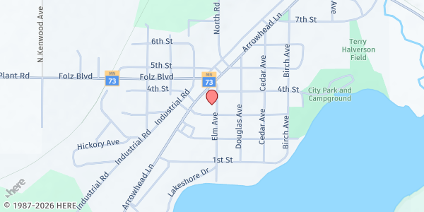 Map showing Moose Lake Area Food Shelf at 308 Elm Ave, Moose Lake, MN