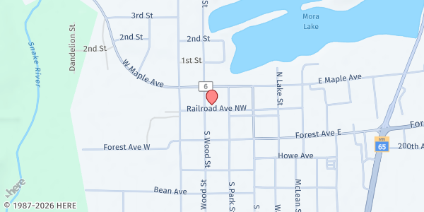 Map showing Mora Food Pantry at 214 NW Railroad Ave, Mora, MN