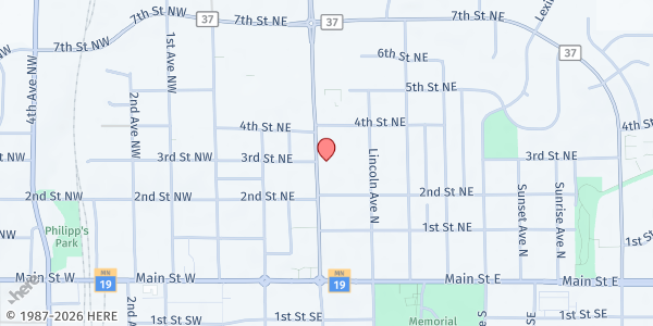 Map showing Peace Center Food Shelf at 313 Columbus Avenue North, New Prague, MN