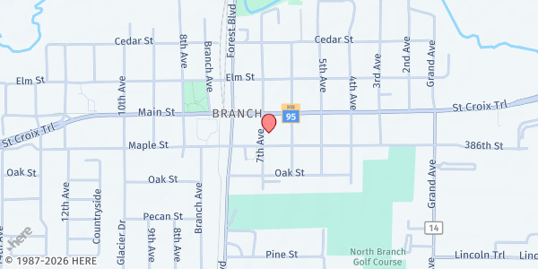Map showing Chisago County Senior Center at 38790 6th Ave, North Branch, MN