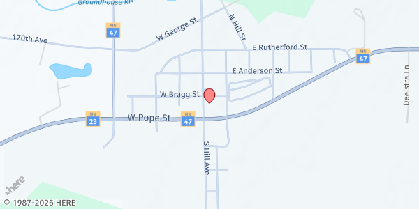 Map showing Civic Center at 102 N Hill Ave, Ogilvie, MN