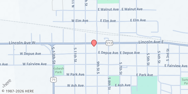 Map showing Renville County Food Shelf at 108 South 9th Street, Olivia, MN