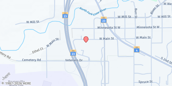 Map showing Catholic Charities – Paynesville at 1105 W Main Street, Paynesville, MN