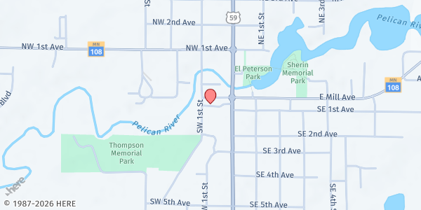Map showing Pelican Rapids Community Food Shelf at 28 W Mill, Pelican Rapids, MN